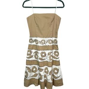 BCBGMAXAZARIA Tan and White Striped Floral Sequin Dress, Size 2